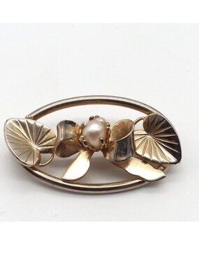 Vintage Pearl Brooch Gold Leaf Bow MCM Fashion Jewelry Oval Classic Glam 50's